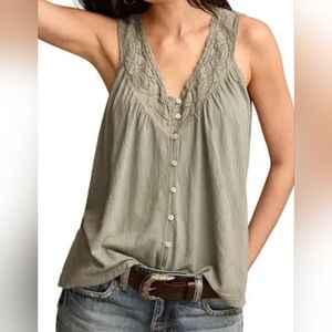 Lucky Lace-Trim Button Front Tank Top - Olive